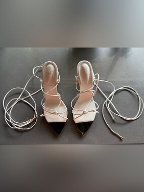 Schutz White Lace-Up Pointed Toe Heels with gold Cap - Women's Size US7